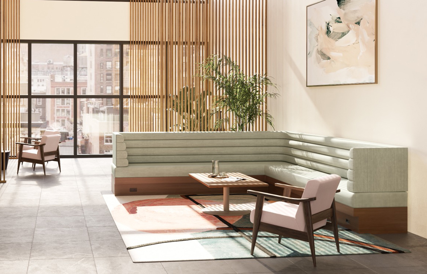 Welcoming hospitality interiors with banquette seating, dining rooms and banquet settings