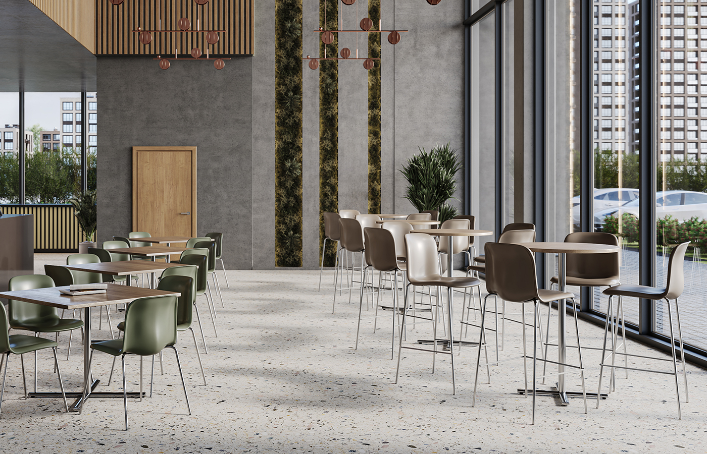 Flexible workspaces with mobile tables and stacking chairs