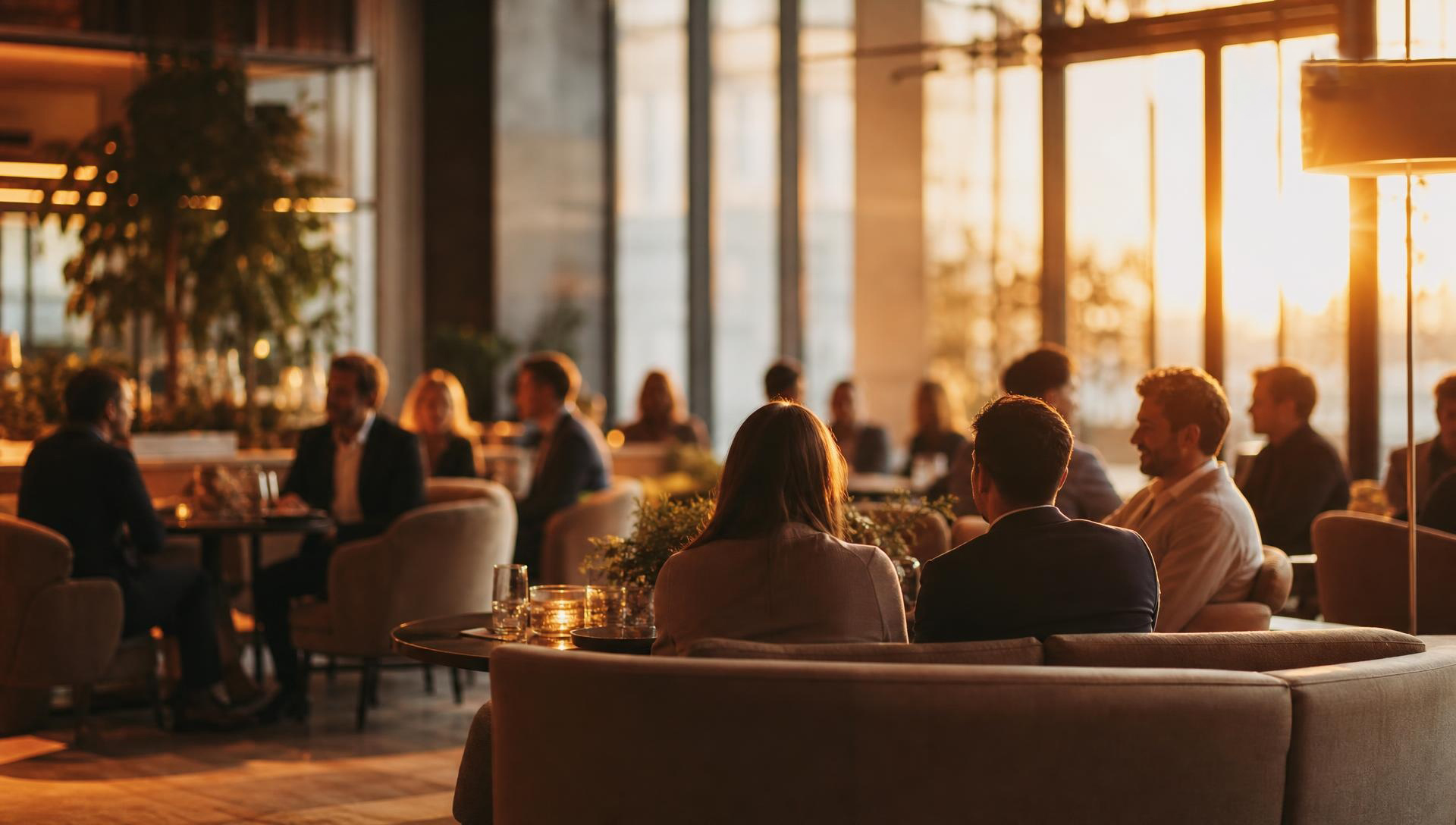 People gathered together in a warm, sunlit hospitality space